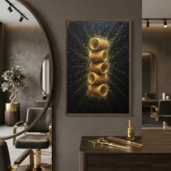 Gold glitter hair rollers framed canvas wall art hanging in a modern hair salon or beauty studio