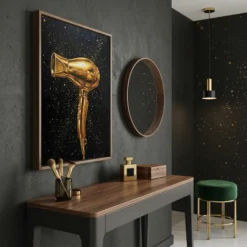 Side view of the black and gold hair dryer canvas showing the gallery style pine wood frame depth