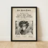 Vintage newspaper style framed poster featuring a glamorous woman in hair rollers sipping tea with bold typography