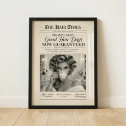 Vintage newspaper style framed poster featuring a glamorous woman in hair rollers sipping tea with bold typography