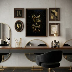 Good Vibes and Great Hair gold typography canvas styled on a gallery wall in a glam interior