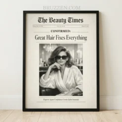 Vintage newspaper style framed salon poster featuring a woman in cat-eye sunglasses and Great Hair Fixes Everything headline.
