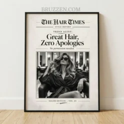 Bold black and white newspaper style framed poster featuring a woman in sunglasses with Great Hair headline