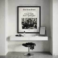 Professional hair salon interior with the bold newspaper art print displayed near a styling station and mirror
