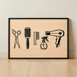Black and white hair stylist tools illustration on framed canvas featuring scissors, brush, and blow dryer.