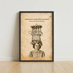 Sepia vintage hair patent framed poster showing a woman with a permanent waving machine