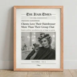 Vintage newspaper style framed poster with a witty headline about hairdressers on a clean white background