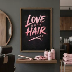 Modern beauty salon interior featuring Love is in the Hair pink art-18x24 brown pine frame hanging in a studio