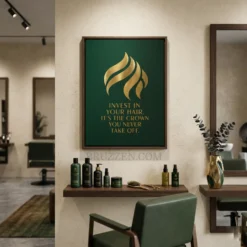 Modern hair salon interior featuring the emerald and gold motivational canvas print hanging on a white studio wall