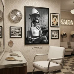 A curated gallery wall featuring the vintage salon poster alongside minimalist decor in a stylish interior