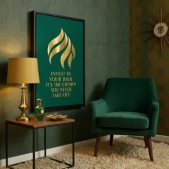 Side view of the emerald salon canvas print showing the depth of the natural pine frame and sturdy construction