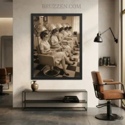 Retro beauty parlor wall art in a black frame hanging above a modern sofa in a bright, minimalist living room