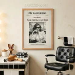 Retro style framed beauty poster displayed in a glamorous dressing room next to a vanity mirror with warm lighting