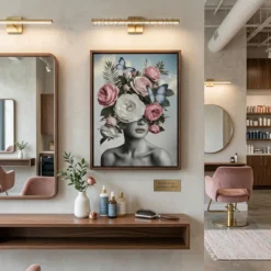 Elegant beauty salon wall featuring a floral woman canvas print above a styling station