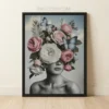 Framed greyscale woman portrait with pink roses and blue butterflies on a white background