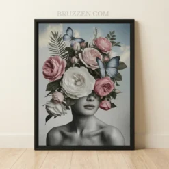 Framed greyscale woman portrait with pink roses and blue butterflies on a white background