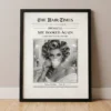 Funny newspaper style framed poster of a salon client in rollers sipping tea with She Booked Again headline.