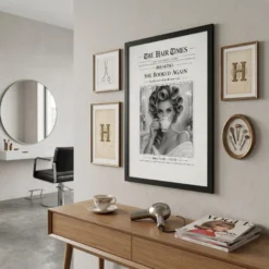 Funny She Booked Again newspaper salon poster styled as part of a modern angles gallery wall