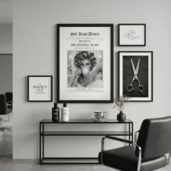 Funny black and white salon client newspaper poster displayed above a table in minimalist a powder room