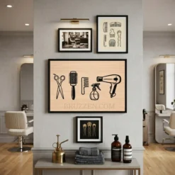 Curated gallery wall in a professional salon featuring the hair tools canvas print alongside complementary decor