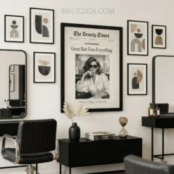 A curated gallery wall in a beauty studio featuring the Great Hair Fixes Everything poster among other chic decor pieces