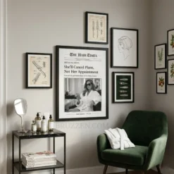 A curated gallery wall featuring the vintage hair salon poster styled with other chic beauty-themed wall decor.