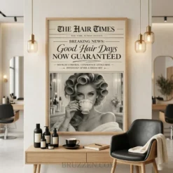 A retro beauty print in a wooden frame hanging on a clean salon wall above a professional styling station