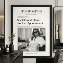 Framed vintage newspaper art hanging on a clean white wall above a professional hair salon styling station.