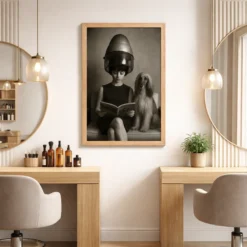 Cinematic black and white salon portrait framed poster hanging on a wall in a modern, sophisticated hair studio