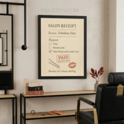 Vintage beauty salon receipt framed poster hanging on a modern hair salon wall near a styling station