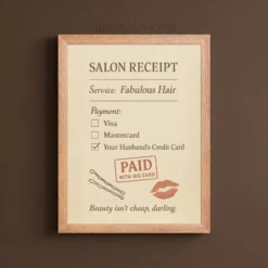 Close-up of the heavyweight paper texture and sustainable wood frame on the funny salon receipt art
