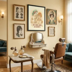 A curated gallery wall in a hair salon featuring the We Curl Hair and Secrets poster among chic decor.