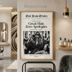 Modern living room setting featuring the Great Hair Zero Apologies framed poster hanging above a sleek velvet sofa