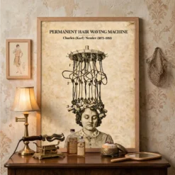 Sepia vintage hair patent framed print displayed above an antique cabinet in a vintage-inspired home beauty room