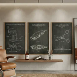 set of 3 barber patent prints framed warm wood gallery wall