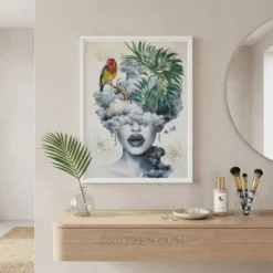 Tropical surrealist woman canvas print styled above a velvet sofa in a bright, feminine living room setting.