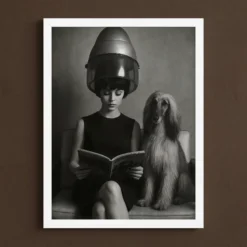 the appointment salon portrait white framed poster on dark chocolate brown wall