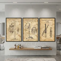 three framed antique beauty parlour patent prints gallery wall