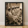 1950s hair salon scene framed poster with women under vintage hooded dryers on a white background