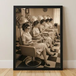 1950s hair salon scene framed poster with women under vintage hooded dryers on a white background