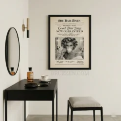 Mid-century style hair salon poster displayed in a modern living room setting for a playful, chic home decor vibe.