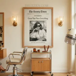 A large vintage Beauty Times framed poster hanging on a clean white wall in a modern professional hair salon