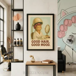 Close-up of the Ayous wood frame grain and giclee print texture on the vintage cat salon poster.