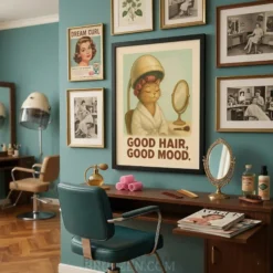 Vintage cat salon poster featured on a curated gallery wall with warm tones and gold decor accents.