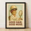 Vintage cat illustration in rollers and salon robe framed poster with Good Hair Good Mood tagline.