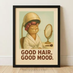 Vintage cat illustration in rollers and salon robe framed poster with Good Hair Good Mood tagline.