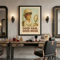 Framed vintage cat salon poster hanging in a professional beauty studio above a styling station.