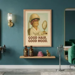 Framed cat illustration with salon quote hanging on the wall of a professional lux beauty hairdresser studio