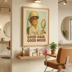 angled view of vintage cat salon framed poster showing lightweight wood frame depth and acrylite front