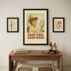 Good hair good mood vintage cat framed poster styled on curated gallery wall with neutral-toned salon decor